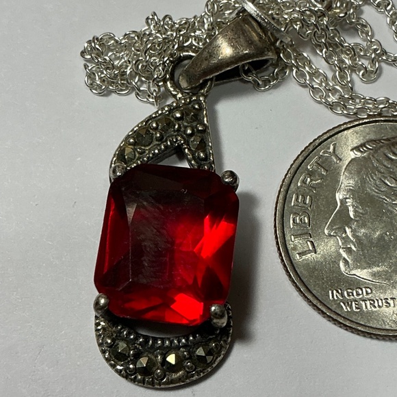 Sterling Silver Necklace with a Red Stone and Marcasite. 19.25 inches long - Picture 7 of 8